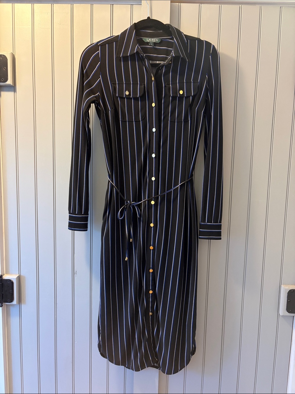 Lauren Ralph Lauren Black and White Vertical Stripe Long-Sleeve Shirt Dress